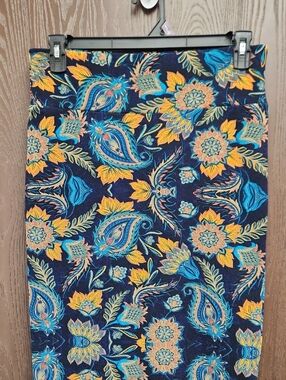 LuLaRoe Navy Pencil Skirt with Yellow and Teal Paisley Floral Print
